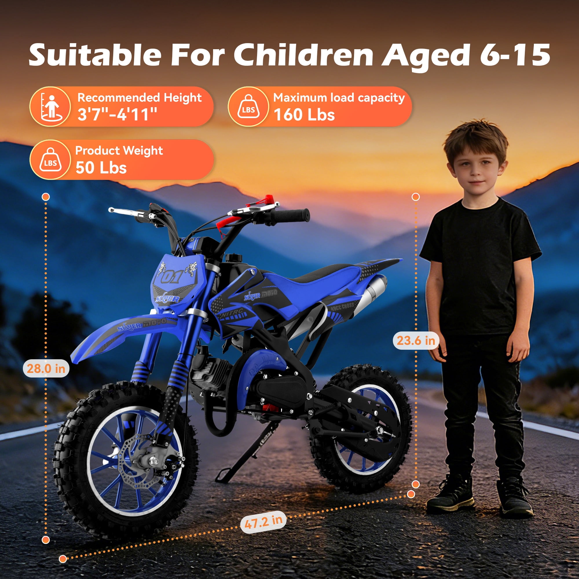 Gpower 49cc Dirt Bike for Kids 6-15,2-Stroke Gas Powered Mini Dirt Bike,1.5L Fuel Capacity,1-Seater,Blue