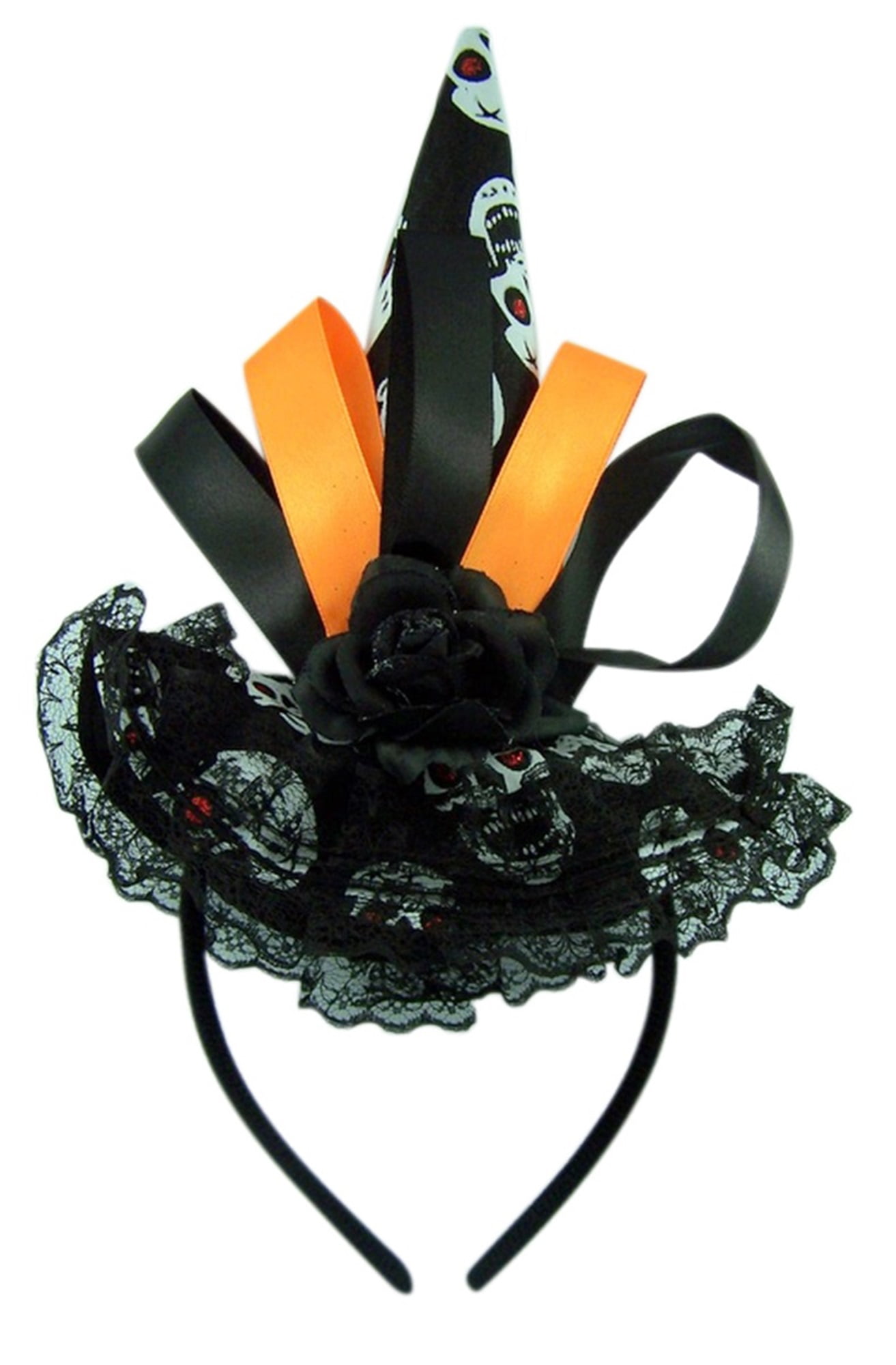 Black Witch Hat with Skulls and Lace Details Halloween Headband ...