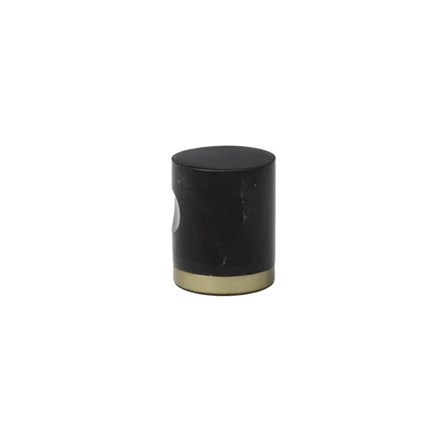 Marquina Marble & Brass Knobs 10 Piece Set featuring black Marquina marble with natural veining and brass accents. Each knob has a cylindrical shape with a smooth black surface and a brass base, offering a luxurious and elegant design. Ideal for cupboards, drawers, wardrobes, and wall applications, this set includes ten knobs and matching 25 mm screws for easy installation.