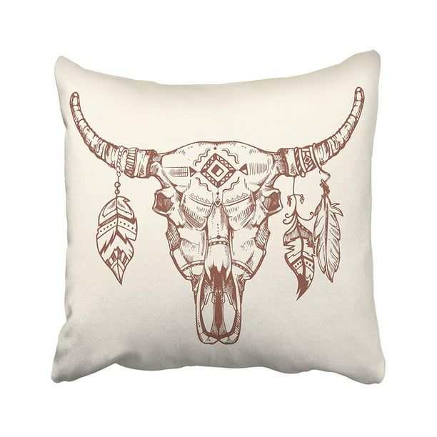 WOPOP Skeleton Aztec Tribal Buffalo Skull Tattoo Dead Animal Cow Totem With  Feathers Pillowcase Cushion Cover 18x18 inch 
