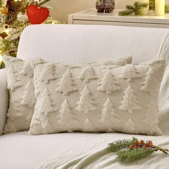 2025 Christmas Throw Pillow Covers Beige Christmas Decorations Set of 2 Xmas Tree 12x20 Pillow Covers Soft Plush Faux Wool Pillowcases Holiday Festivals Winter Home Decor Sofa Couch Bed Porch