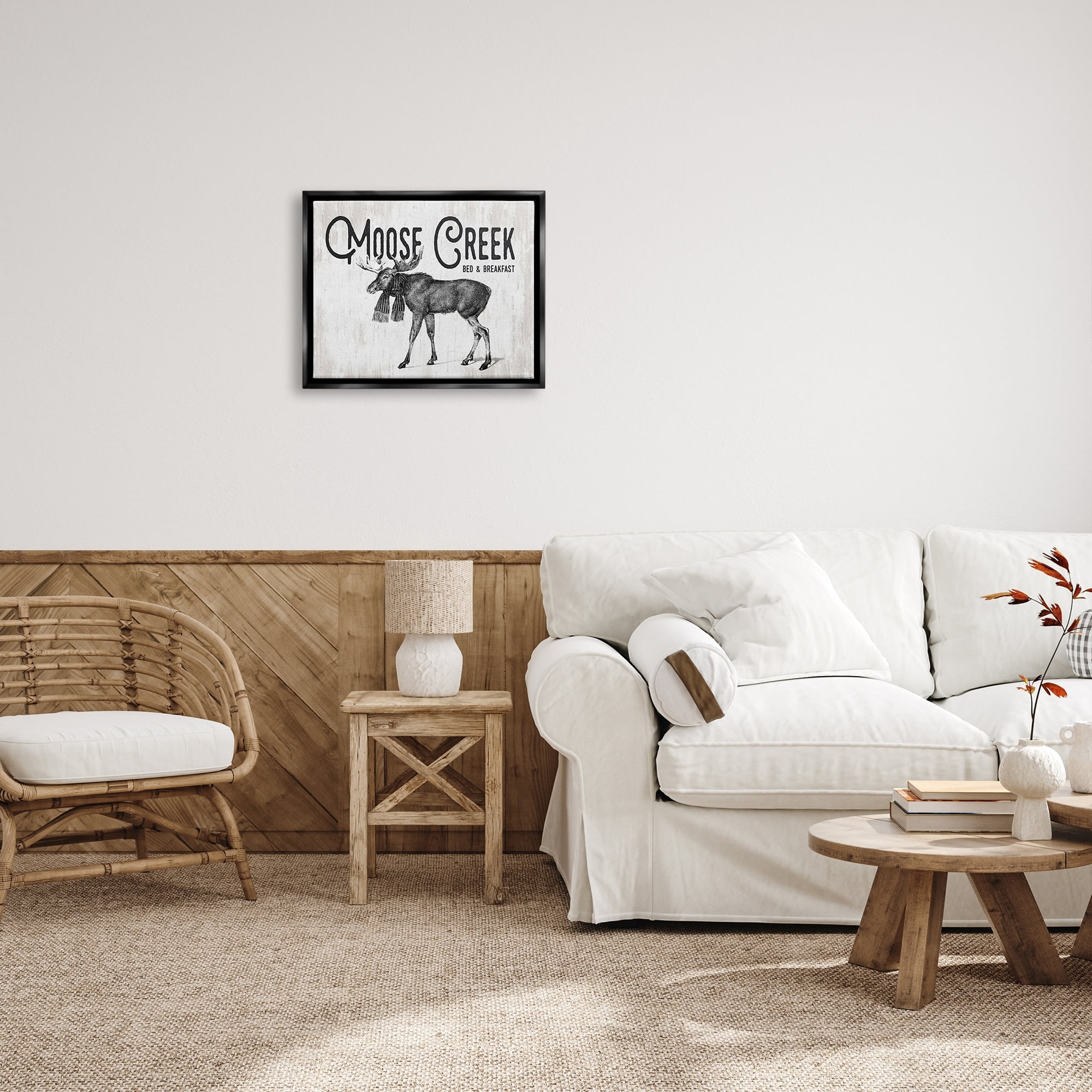 Stupell Industries Moose Creek Bed & Breakfast Rustic Wearing Scarf Graphic Art Jet Black Floating Framed Canvas Print Wall Art, Design by Lettered and Lined