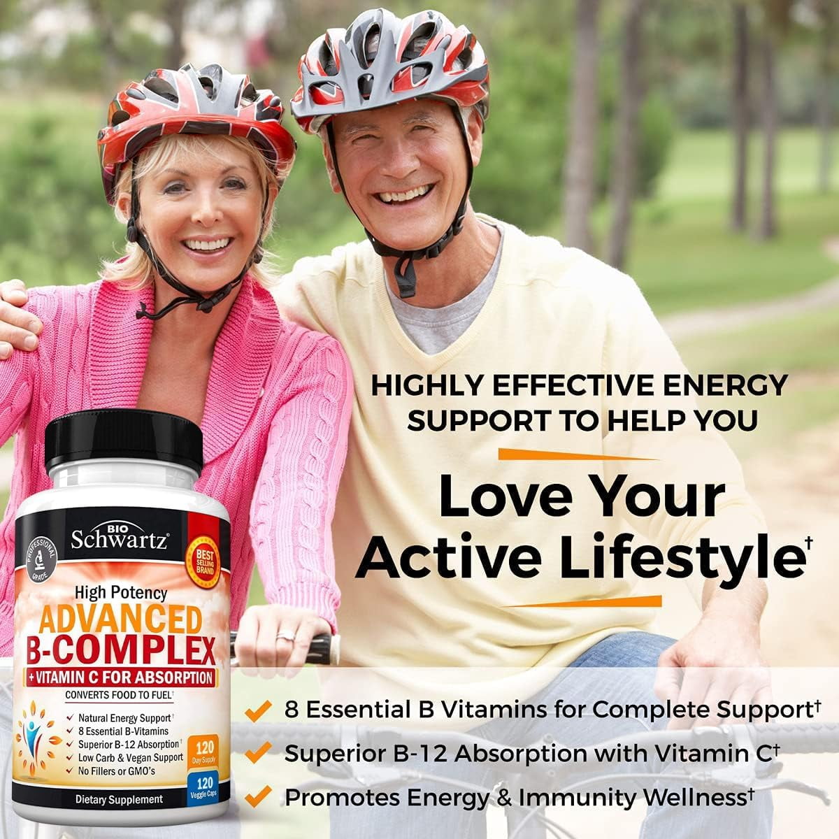 BioSchwartz Advanced Vitamin B Complex with Vitamin C for Energy Support, 120 Capsules