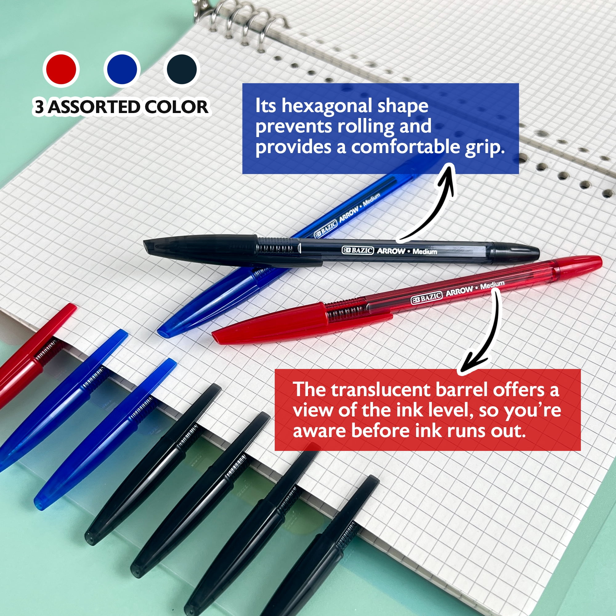 BAZIC Arrow Ballpoint Pens, 1.0 mm Medium Point Assorted Colors Stick Pen, 10 Count, 144-Pack