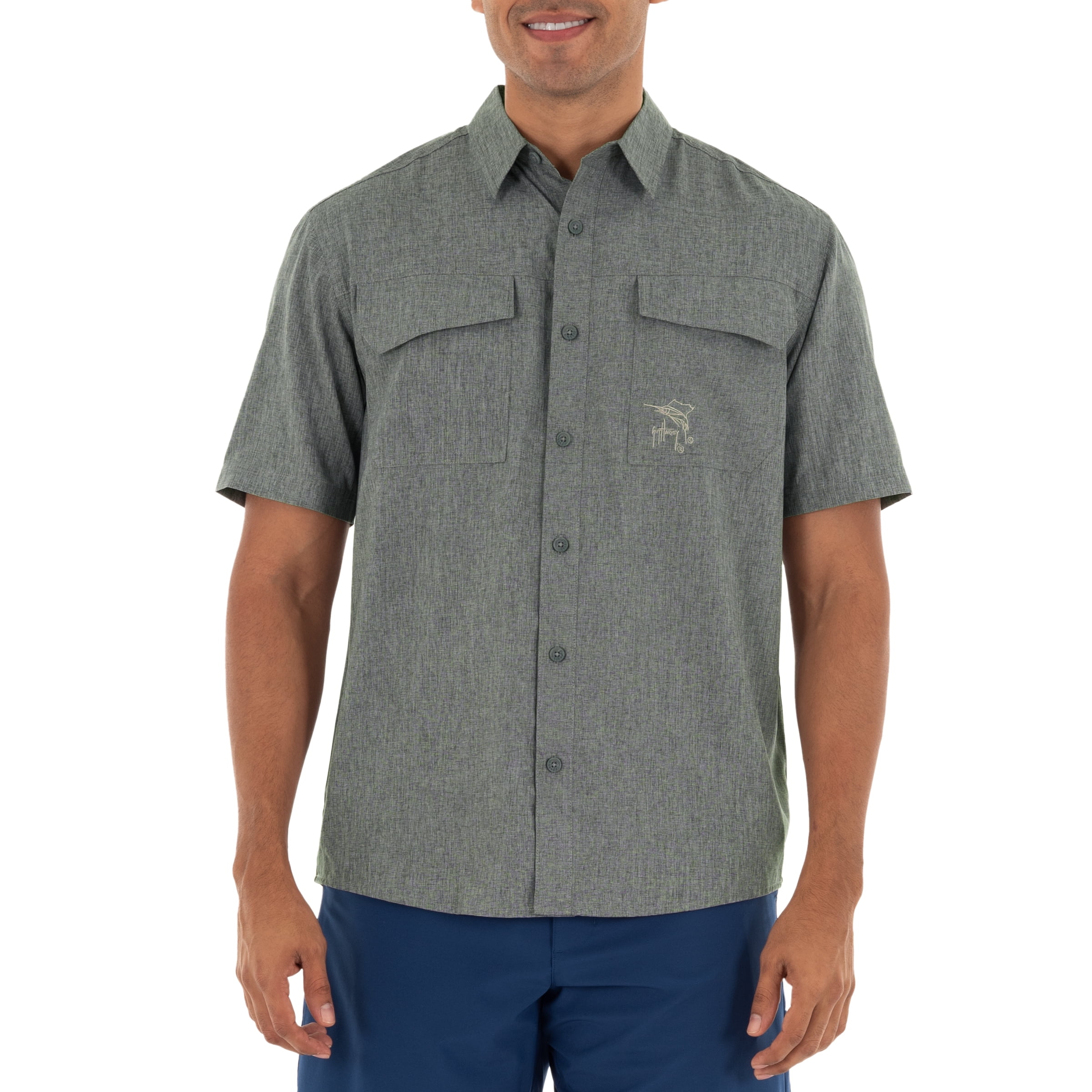 Guy Harvey Men's Short Sleeve Heather Textured Cationic Grey Fishing