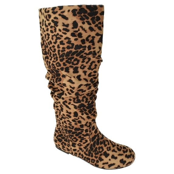 ZULUU cheetah Leopard Print Soda Brand Knee High Women Basic Boots Flat Slouchy Boots Slip on Faux Suede 6