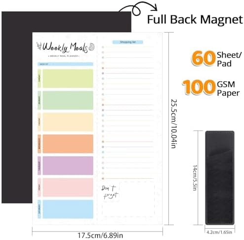 60 Sheets Meal Planner for fridge with Pen Holder, 7x10'' Magnetic Meal Planner and Grocery List Undated Weekly Meal Planners with Tear off Shopping List and Convenient Shopping
