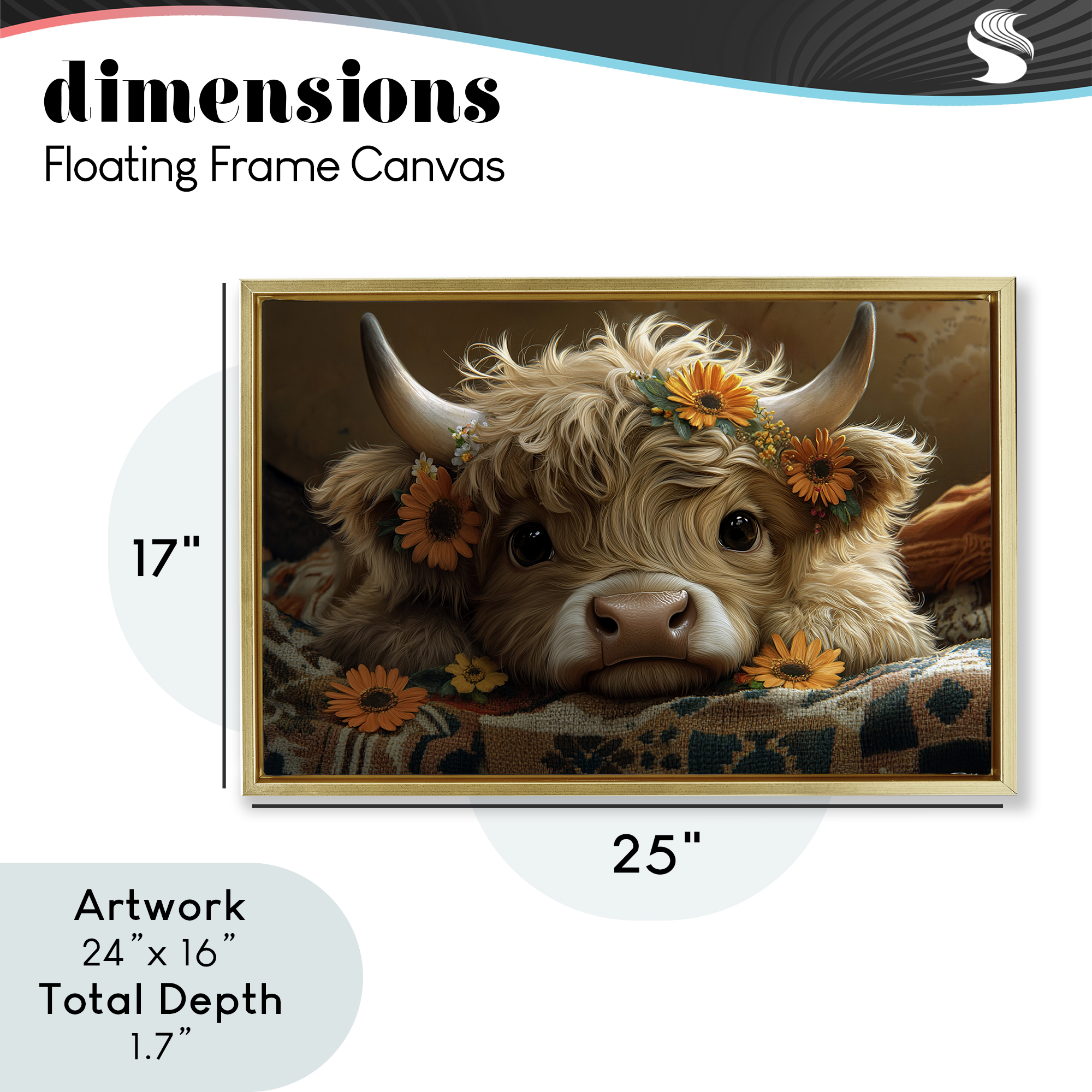 Adorable Flower Bedecked Cattle Gold Framed Floater Canvas Wall Art, design by Momart