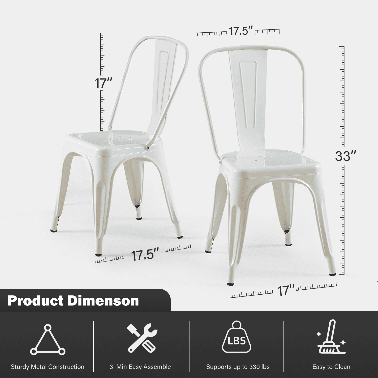 SOLEGGIATA Metal Dining Chairs Set of 2 Iron Stackable Industrial Tolix Style Farmhouse Kitchen Cafe Arctic White