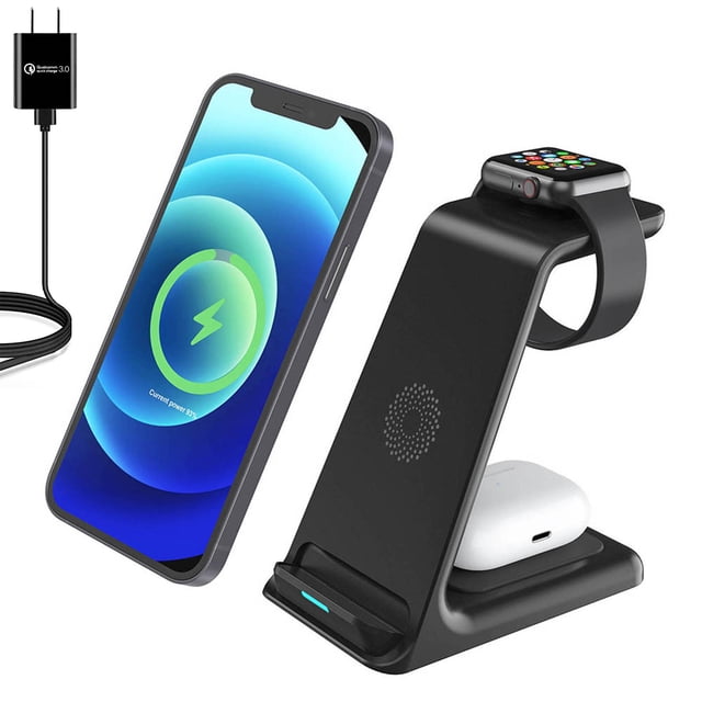 Tignapoo Triple Device Wireless Charging Dock - Sleek Black Design for iPhone, AirPods, and Apple Watch, Fast Charging with Dual Coil Technology, Qi-Certified Safety Features, Anti-Slip Silicone