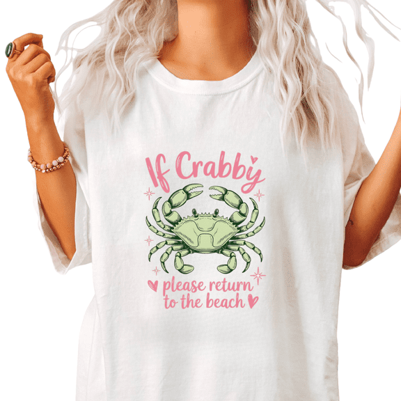 Pastel Crab If Crabby Print Tshirt White S-5XL Playful Beachy Graphic Tees Shirts Tops