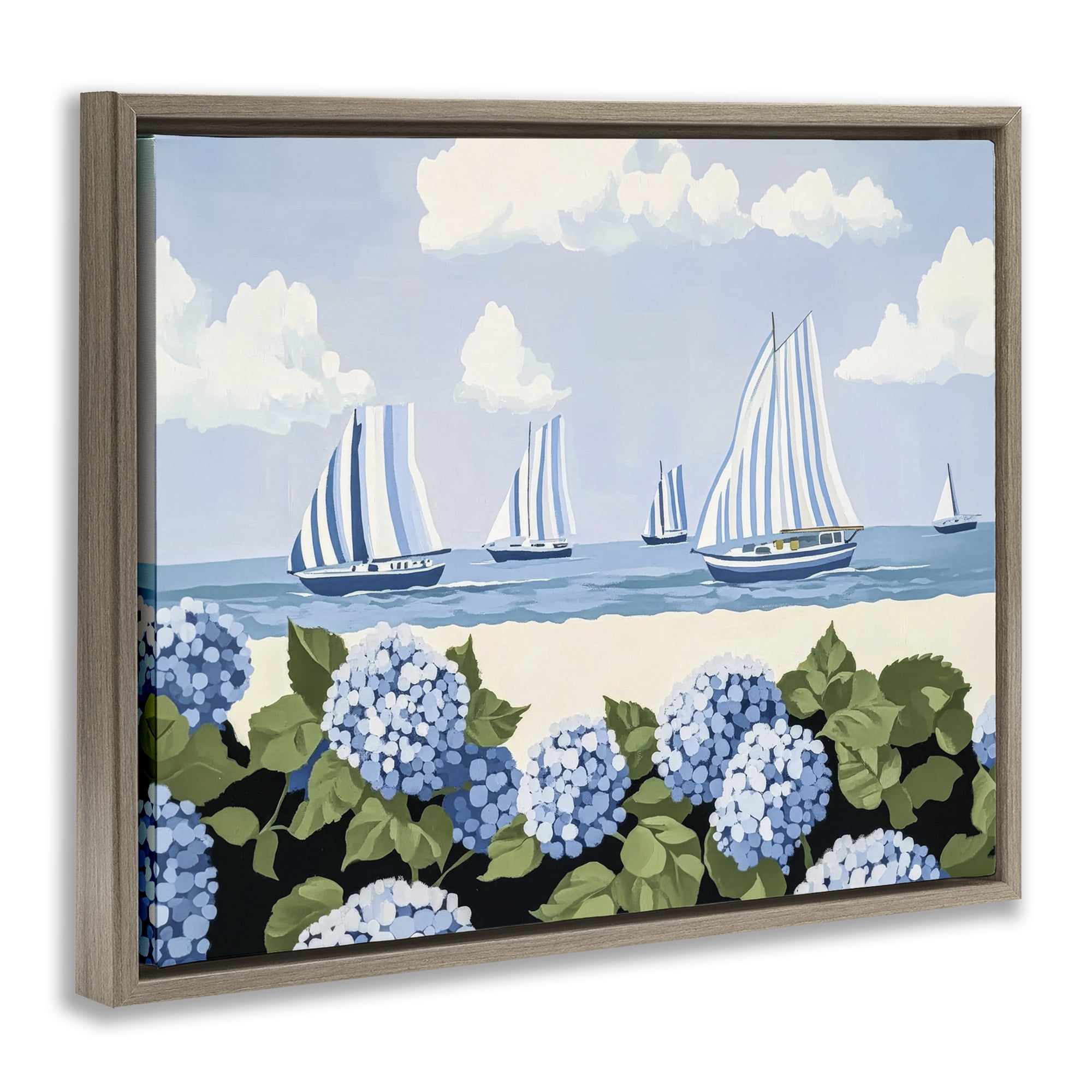 Stupell Industries Striped Sails & Seaside Hydrangeas Brown Framed Floater Canvas Wall Art, design by Sisi and Seb