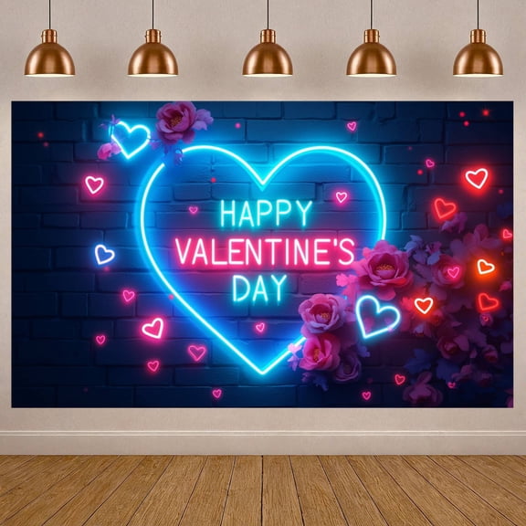 Neon Happy Valentine's Day Banner Heart Pattern Valentine's Day Backdrop Colorful Neon Romantic Display for Couple Gathering Indoor Party Romantic Dinner