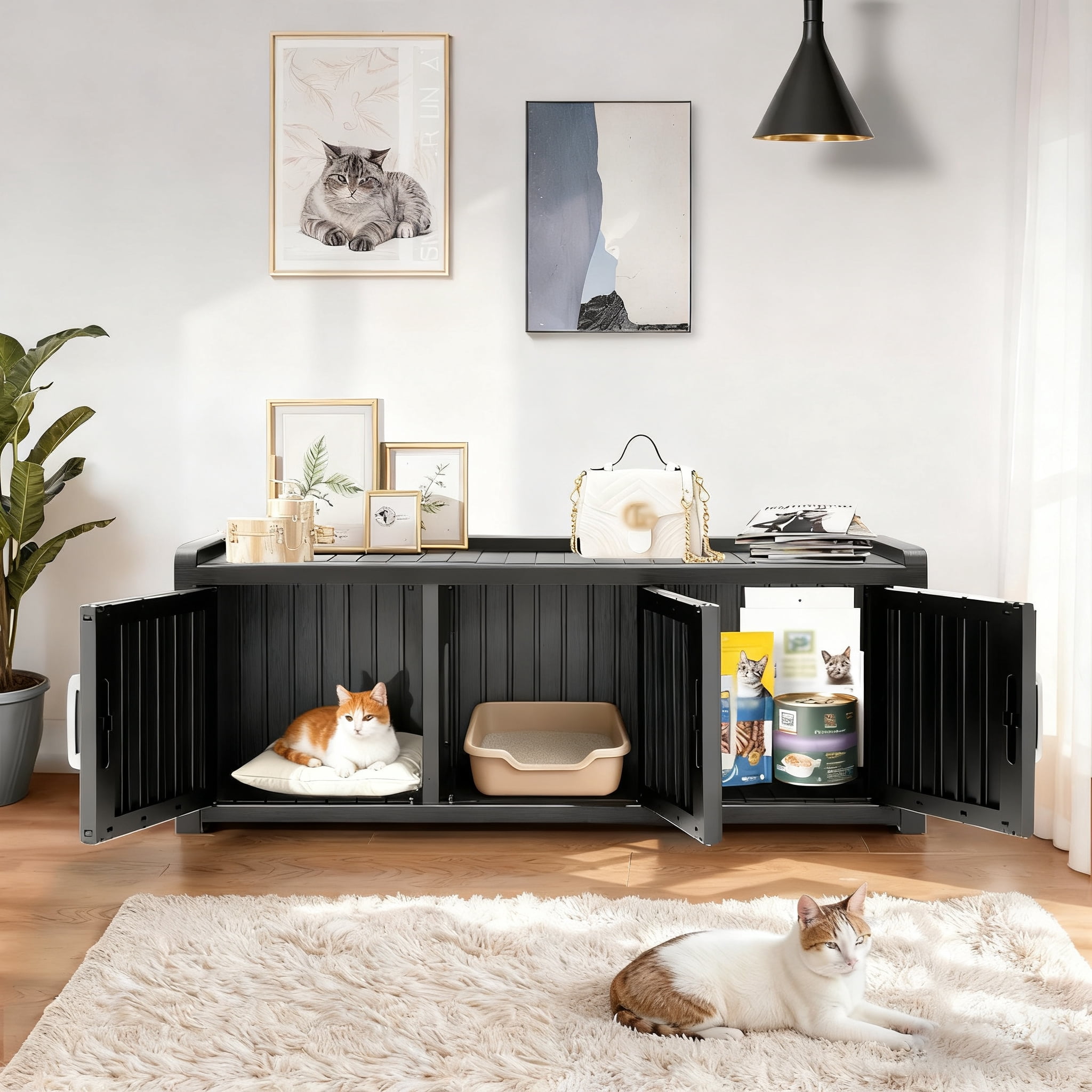 Decksplore Hidden Cat Litter Furniture (46.9"x17.6"x17.8"), HDPE Cat Cabinet, Three-Door, Cat Litter Box Storage for Bedroom, Courtyard (Black)