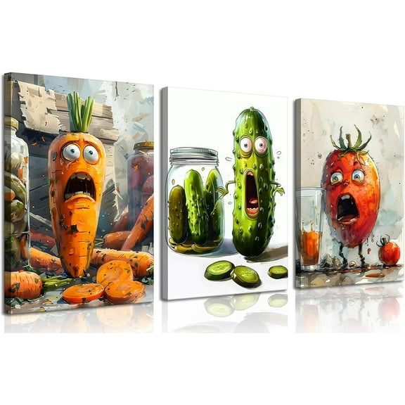 Funny Kitchen Canvas Wall Art Set of 3 Whimsical Pickle Wall Decor Pictures Cute Cool Vegetable Food Modern Aesthetic Posters Prints for Dining Room Decoration(Framed canvas)