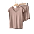 thumbnail image 2 of Qtocio Ensemble de Pyjama Court pour Femmes, Haut à Manches Courtes en Tricot Doux Uni Ample à Col Ras du Cou et Short, Tenue de Nuit Confortable pour Dames, 2 of 5