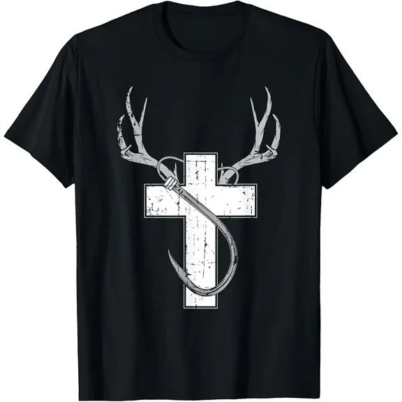 Deer Antler Fishing Hook Cross Graphic for Hunter Fisherman Men Cotton T-Shirt