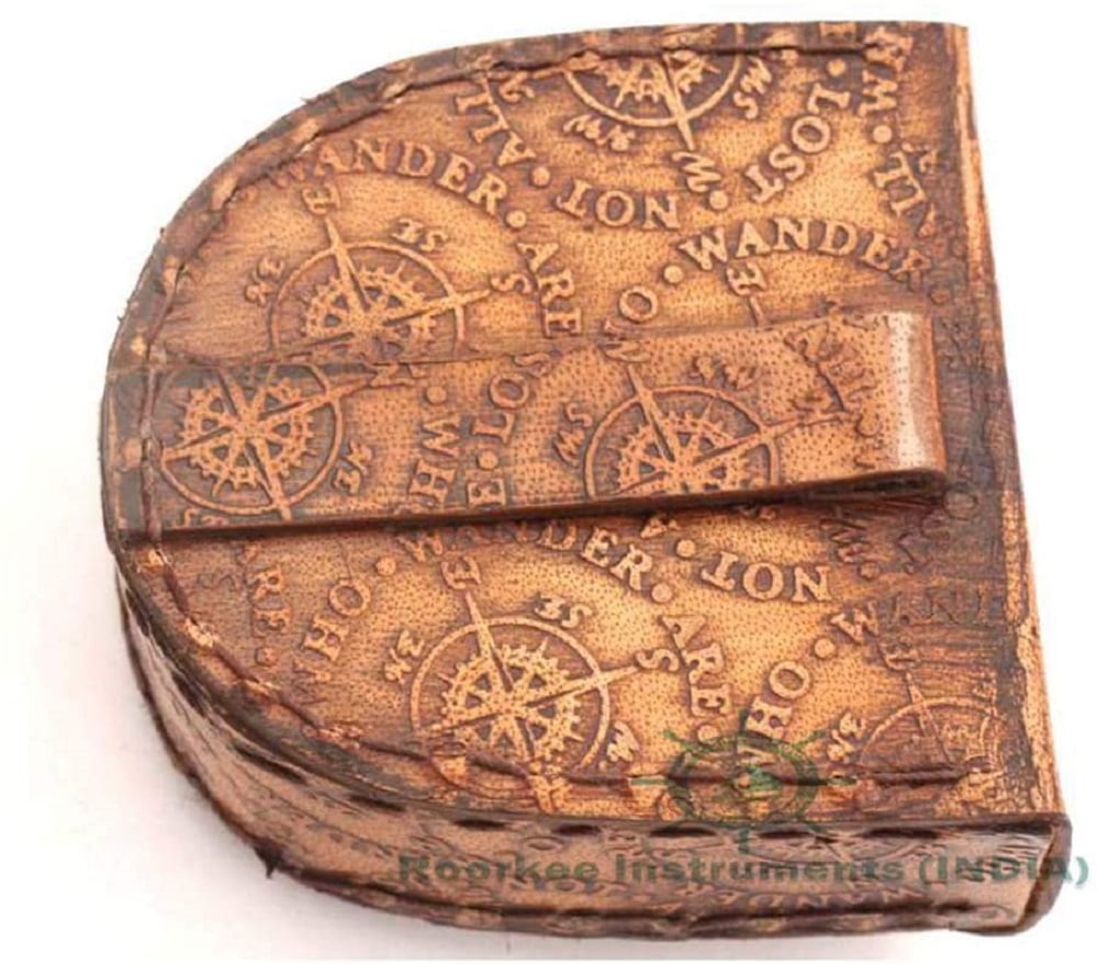Roorkee Instruments India Brass Golden Colored Engraved Compass with Imprinted Case