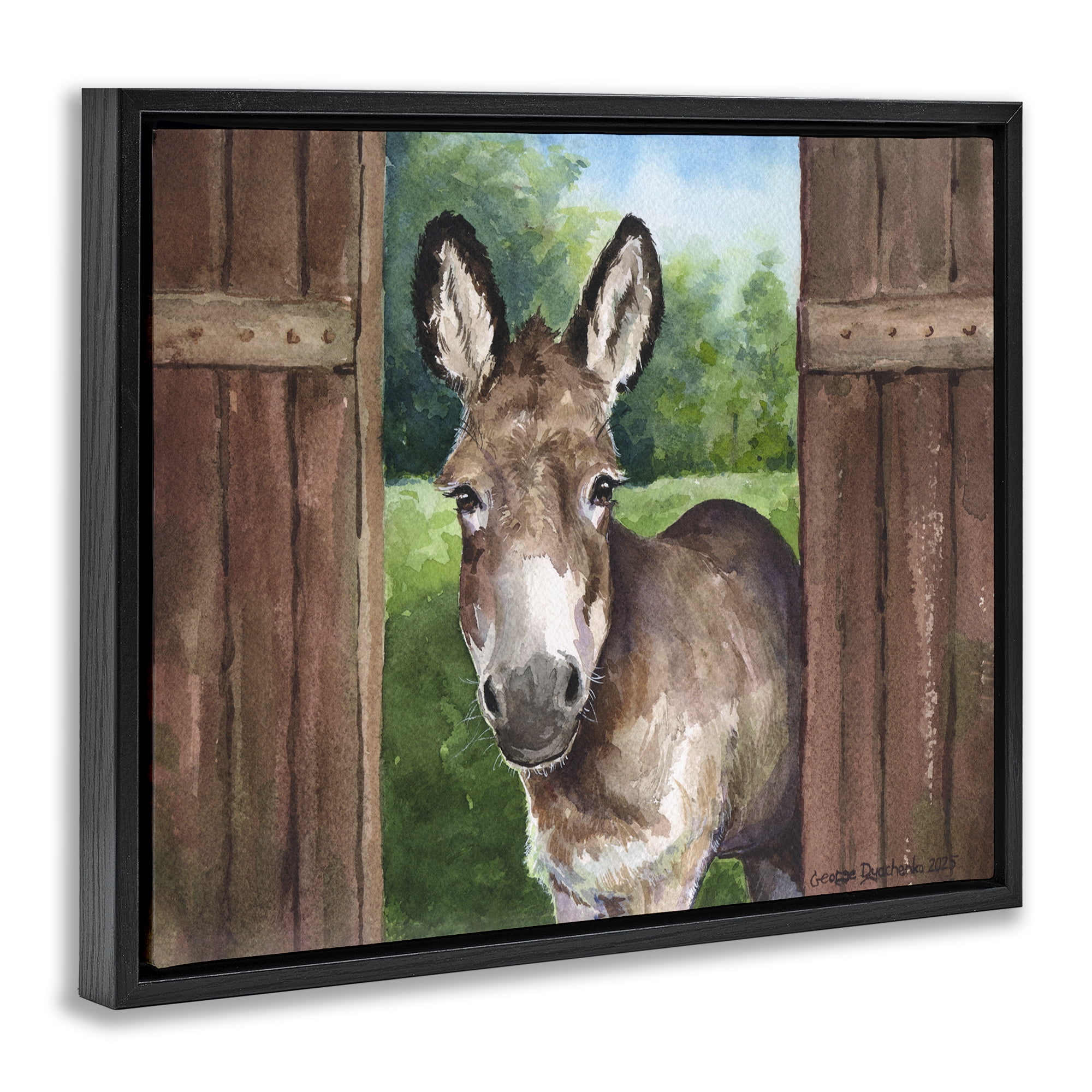 Stupell Industries Donkey in Wooden Gate Black Framed Floater Canvas Wall Art, design by George Dyachenko