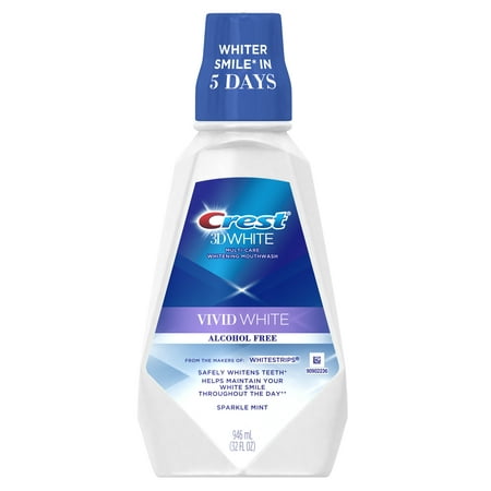 Crest 3D White Vivid White Alcohol Free Multi-Care Whitening Mouthwash, Sparkle Mint, 946 (Best Mouthwash For Bad Breath And Whitening)