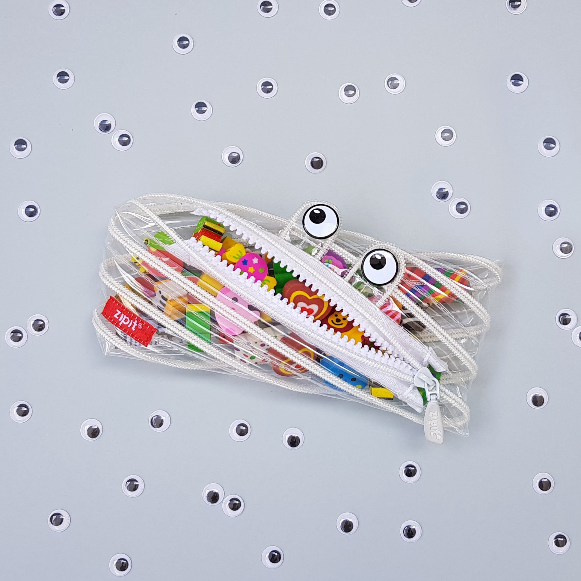 ZIPIT Monster Pencil Case, Clear Pencil Pouch, Holds up to 30 Pens, Made of One Long Zipper! (Clear White)