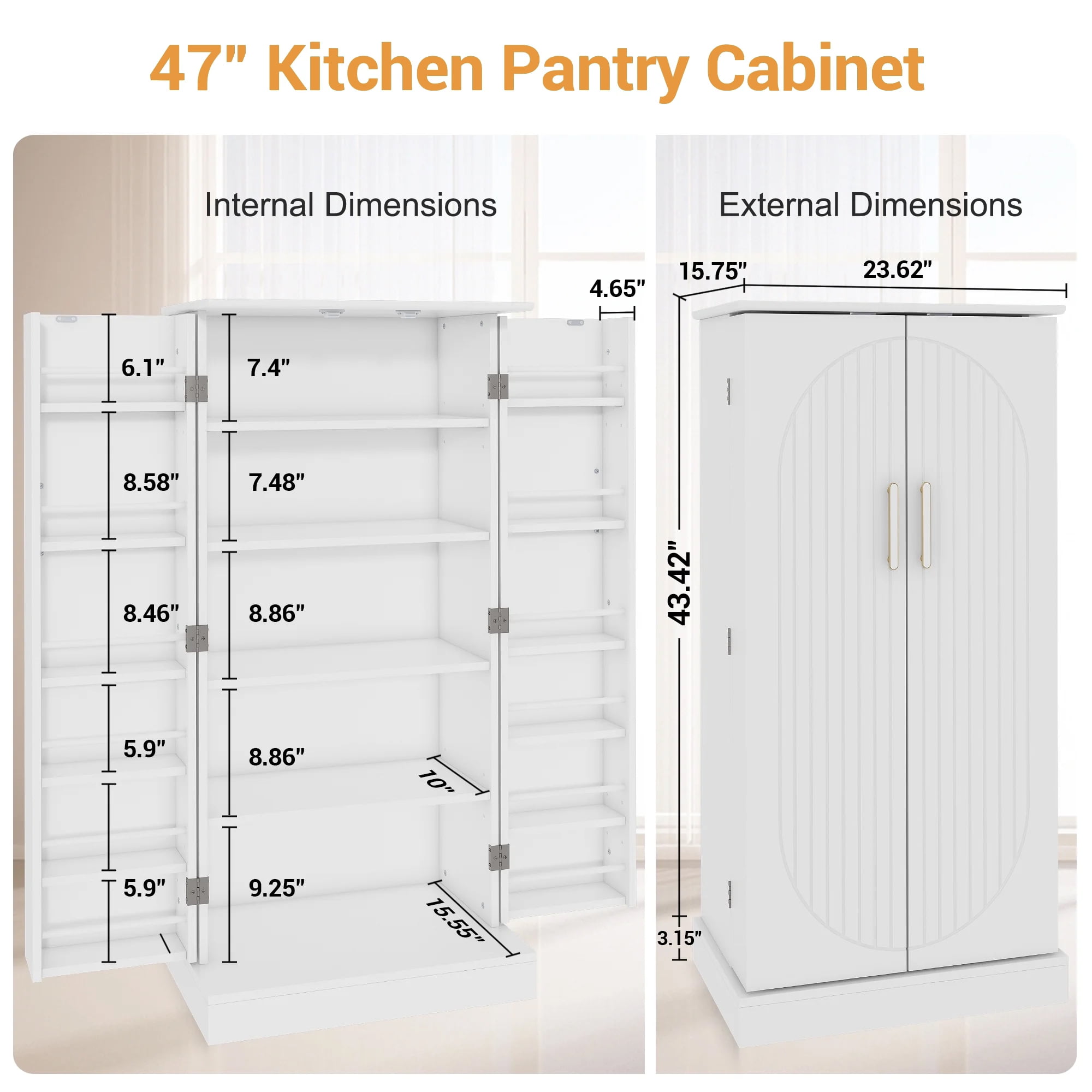 Casendy Pantry Cabinet with 2 Doors and 16 Shelves, Modern Kitchen Storage Cabinet with Adjustable Shelves, Kitchen Storage Cupboard for Dining Room, Living Room, White
