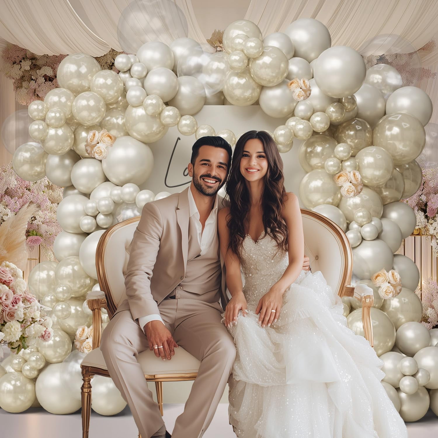 Pearl Balloon Arch Kit – Double Layer Pearl White Sand Balloons & Clear Balloons Linking for Wedding, Bridal Shower, Engagement, Birthday Party Decorations