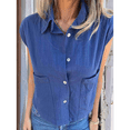 thumbnail image 4 of Camisa de Algodón y para Mujer, Blusa Holgada de Verano con Cuello en V y Corta, Informal, Color Azul Marino, Talla M, 4 of 9