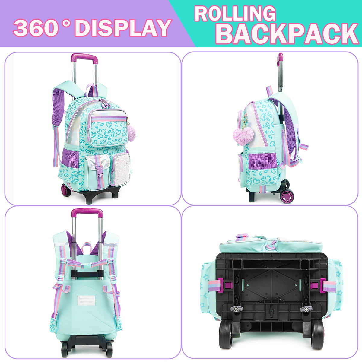 Kids Rolling Backpack with Wheels for Girls Teen,Trolley Roller Luggage with Wheels for Elementary School Students Bookbag