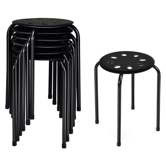 Stackable classroom stools, set of 6, 17.5-inch round-top backless metal stools. Nesting, portable, suitable for office, dining, and education settings. Color: Black