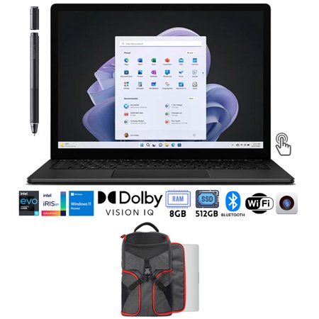Microsoft R1S-00026 Surface Laptop 5 13.5" Intel i5, 8GB/512GB Touch, Black Bundle with Deco Gear Padded 15" - 17" Laptop Gaming Backpack and Wacom Ballpoint Pen