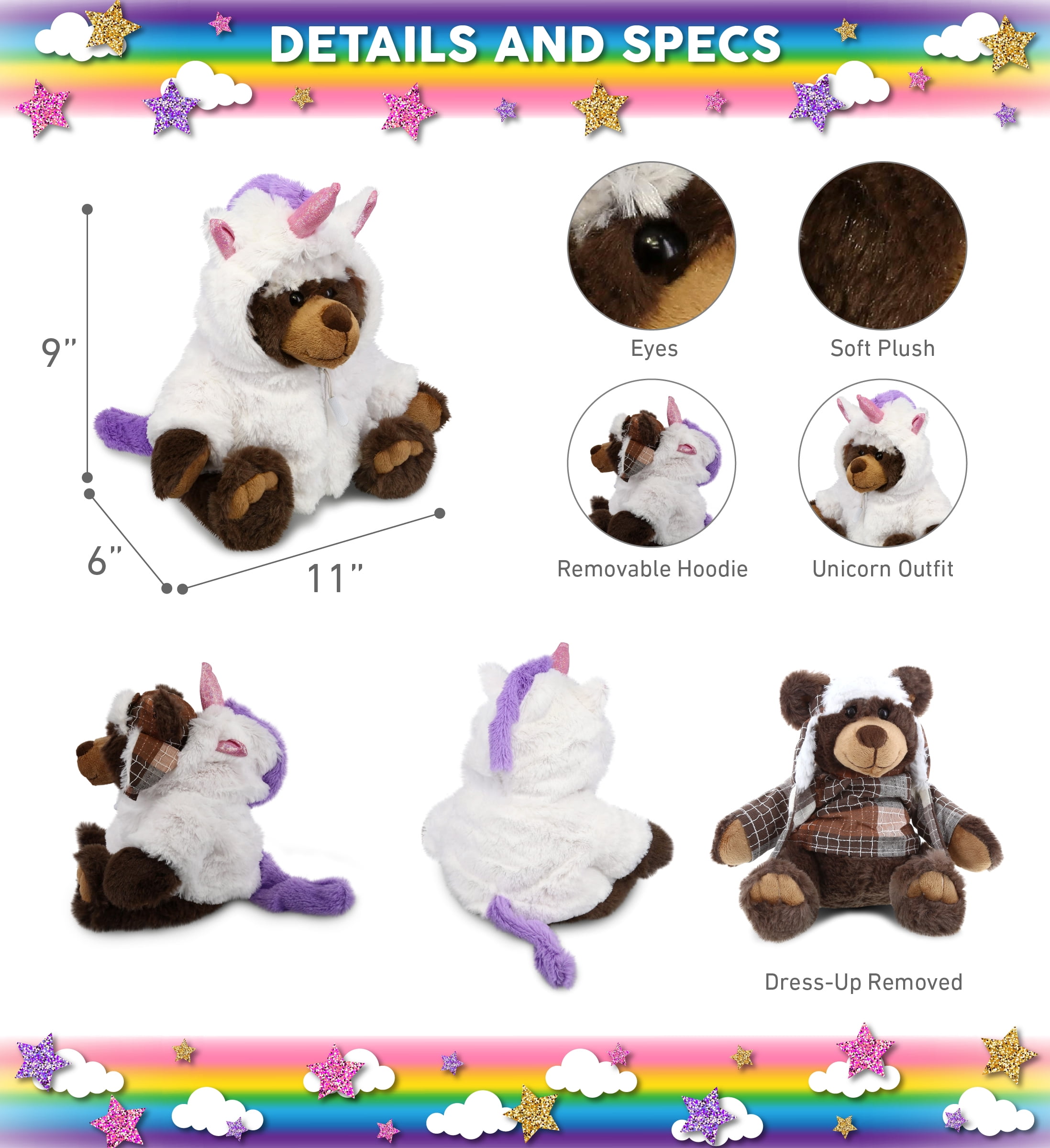DolliBu Brown Bear Unicorn Plush Stuffed Animal Toy - Super Soft Bearcorn Dress Up with Removable Plush Unicorn Outfit, Cute Fantasy Pet Life Gift - 11 Inches