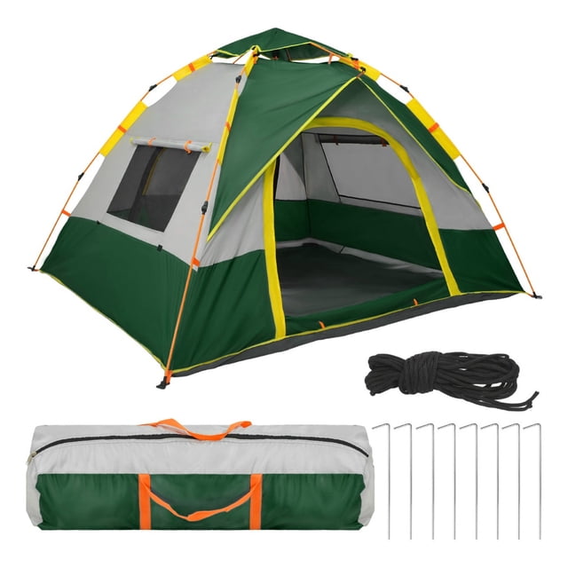 tienda casa campaña automática jardimex 3 personas camping Verde, vista frontal 3/4 con entrada abierta mostrando interior para tres personas; sistema de apertura automática tipo pop-up con varillas visibles, costuras y remates amarillos, puertas con cremallera doble y ventanas con mosquitero, estacas metálicas y cuerda de sujeción junto a bolsa de transporte incluida. Medidas 190 cm x 212 cm x 140 cm. También suele usarse como refugio temporal para actividades diurnas.