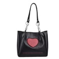 thumbnail image 1 of Bolso de mano de piel sintética negra con estampado de letras y gran capacidad para mujer, impermeable, con estampado de corazones, 1 of 8