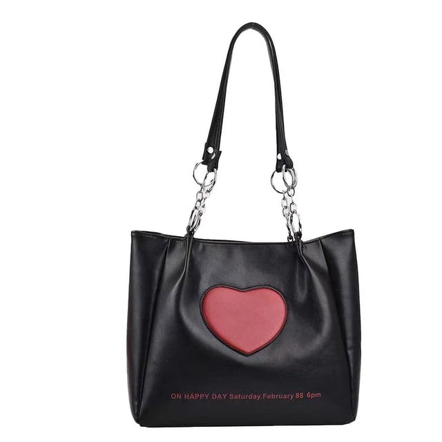 Bolso de mano de piel sintética negra con estampado de letras y gran capacidad para mujer, impermeable, con estampado de corazones