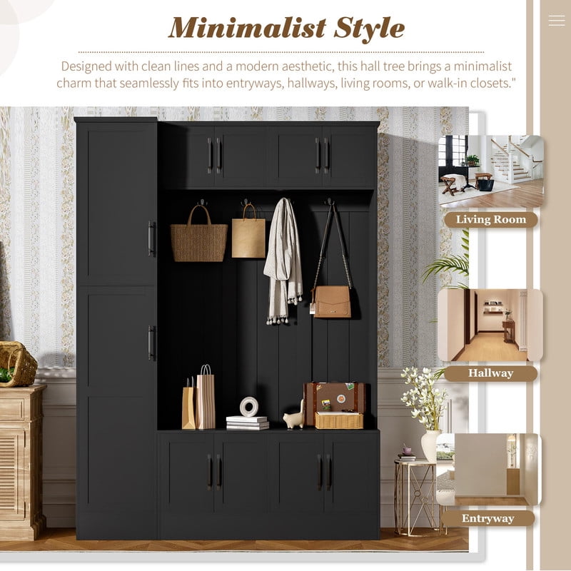 Farmhouse Hall Tree with Storage Cabinets, 79'' H Coat Rack with 4 Hooks and Adjustable Shelf, Entryway Bench with Shoe Storage for Hallway, Living Room