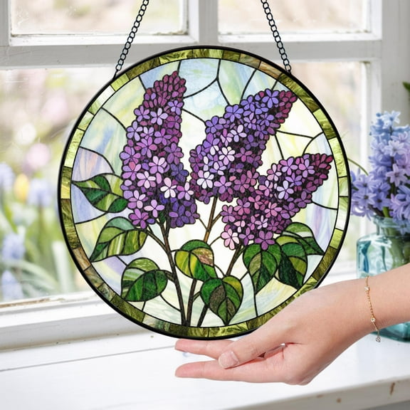 Purple Lilac Flowers Round Stained Glass Suncatcher, Lilac Floral Suncatcher, Nature Lover Gift Spring Window Hanging Gift For Mom Grandma