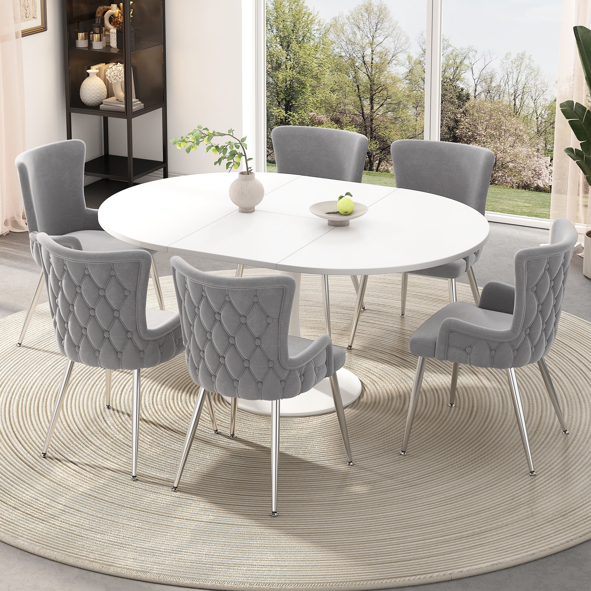 Noble House Set of 6, Velvet Dining Chairs, Light Luxury Tufted Chair with Four Gold Metal Legs,Gray