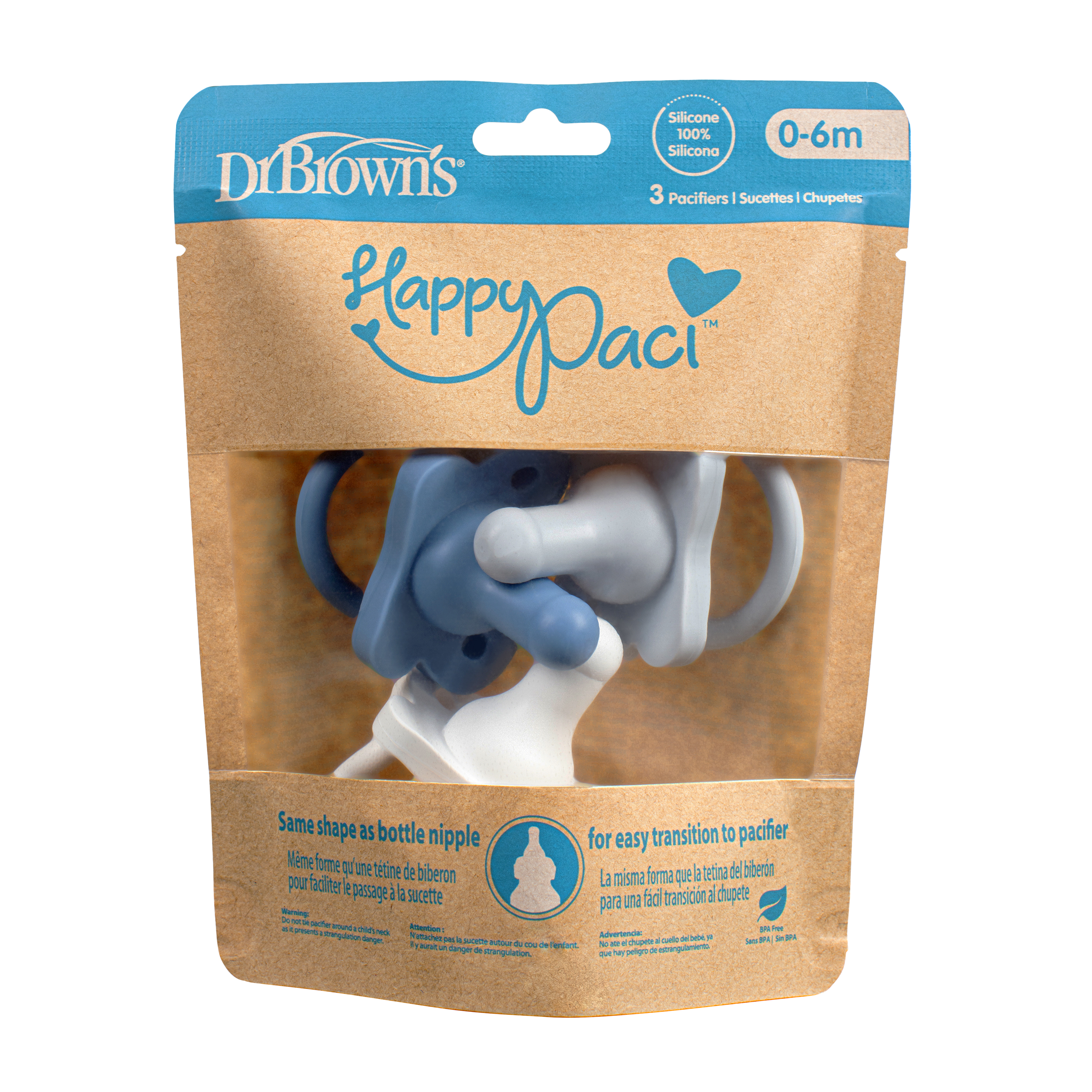 Dr. Brown's HappyPaci 100% Silicone Baby Pacifier, Contoured One-Piece Design, White/Blue/Light Blue, 0-6m, BPA-Free, 3-Pack - image 3 of 18
