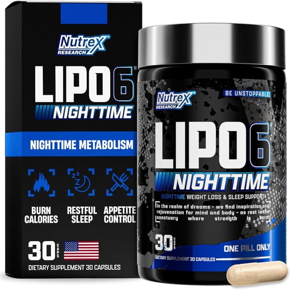 Nutrex Lipo 6 Nighttime Fat Burner | Melatonin Sleep Aid & Weight Loss Diet Pills for Men and Women | Night Time Metabolism Booster Appetite Suppressant | 30 Servings (1)
