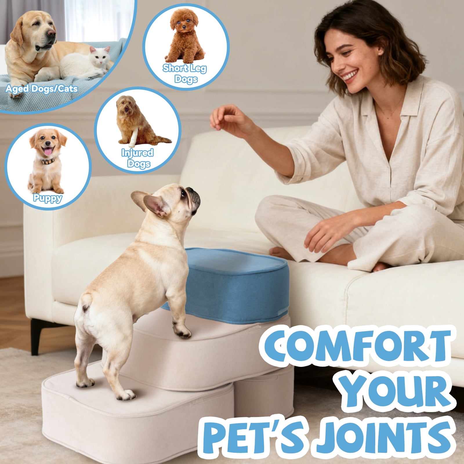 Dog Stairs for Small Dogs 17.7" H, 2-in-1 Convertible 3-Step Pet Steps for High Bed & Couch, High Density Foam Dog Ramp with Non-Slip Bottom, Safe for Puppies, Senior Dogs & Cats