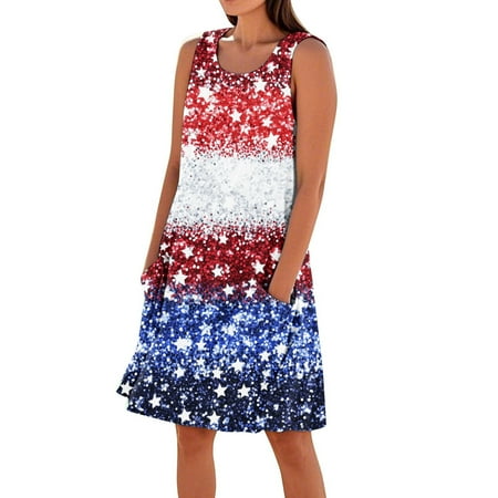DBAIXID Memorial Day Dress for Women V-Neck Plus Size USA American Flag Sleeveless Summer Dresses Red White and Blue Loyalty & Honor Trendy Knee Length Beach Dress with Pockets Royal Blue M