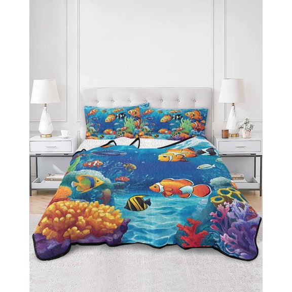 Quilts Twin XL Size, Ocean Coral Fish Soft Comforter Bedding Set for Bed, Colorful Underwater World Seagrass Lightweight Quilted Bedspread with Pillow Cover(2 Pieces) for All Season, 68x98 Inch
