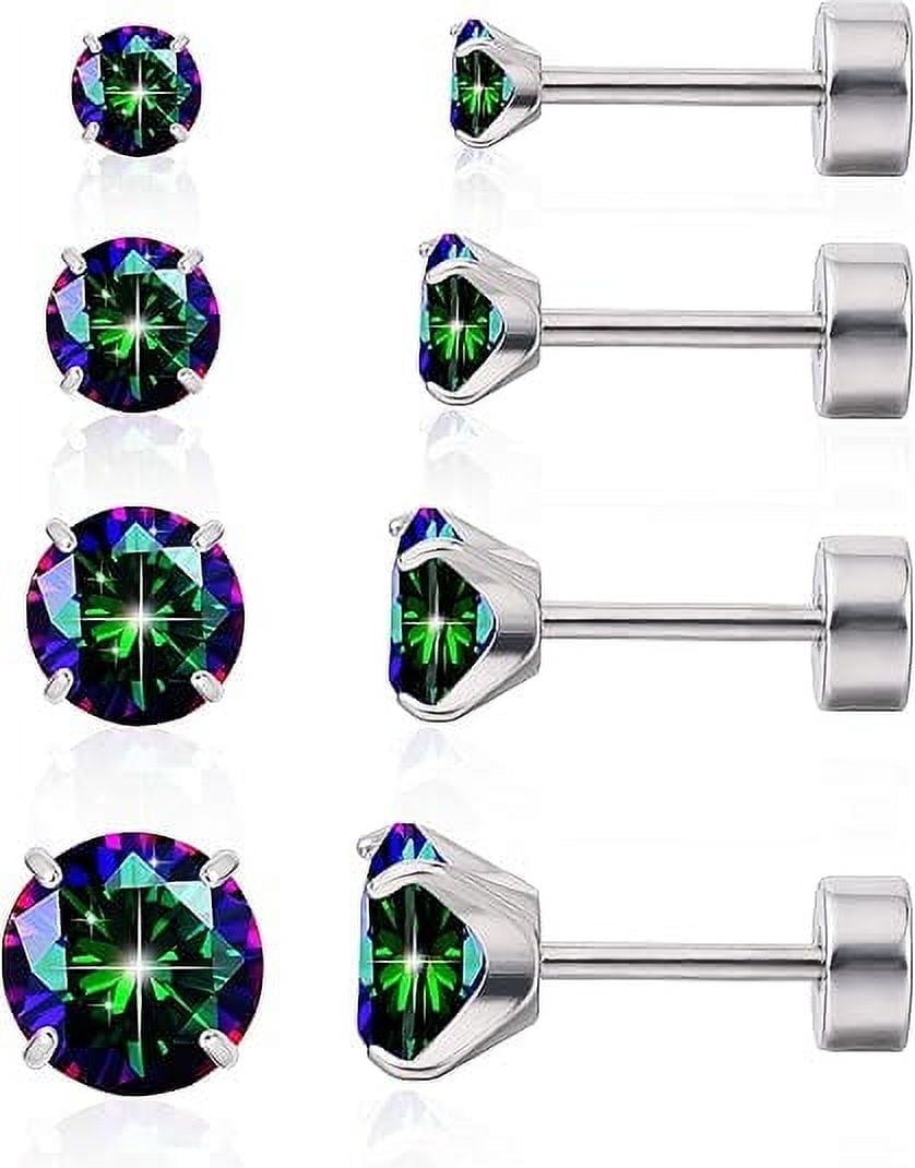 Limerencia Hypoallergenic Titanium Jewelry Flat Back Cartilage Earrings, Cubic Zirconia Studs, Pack of 4 Pairs