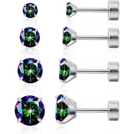 Limerencia Hypoallergenic Titanium Jewelry Flat Back Cartilage Earrings Cubic Zirconia Studs Pack of 4 Pairs
