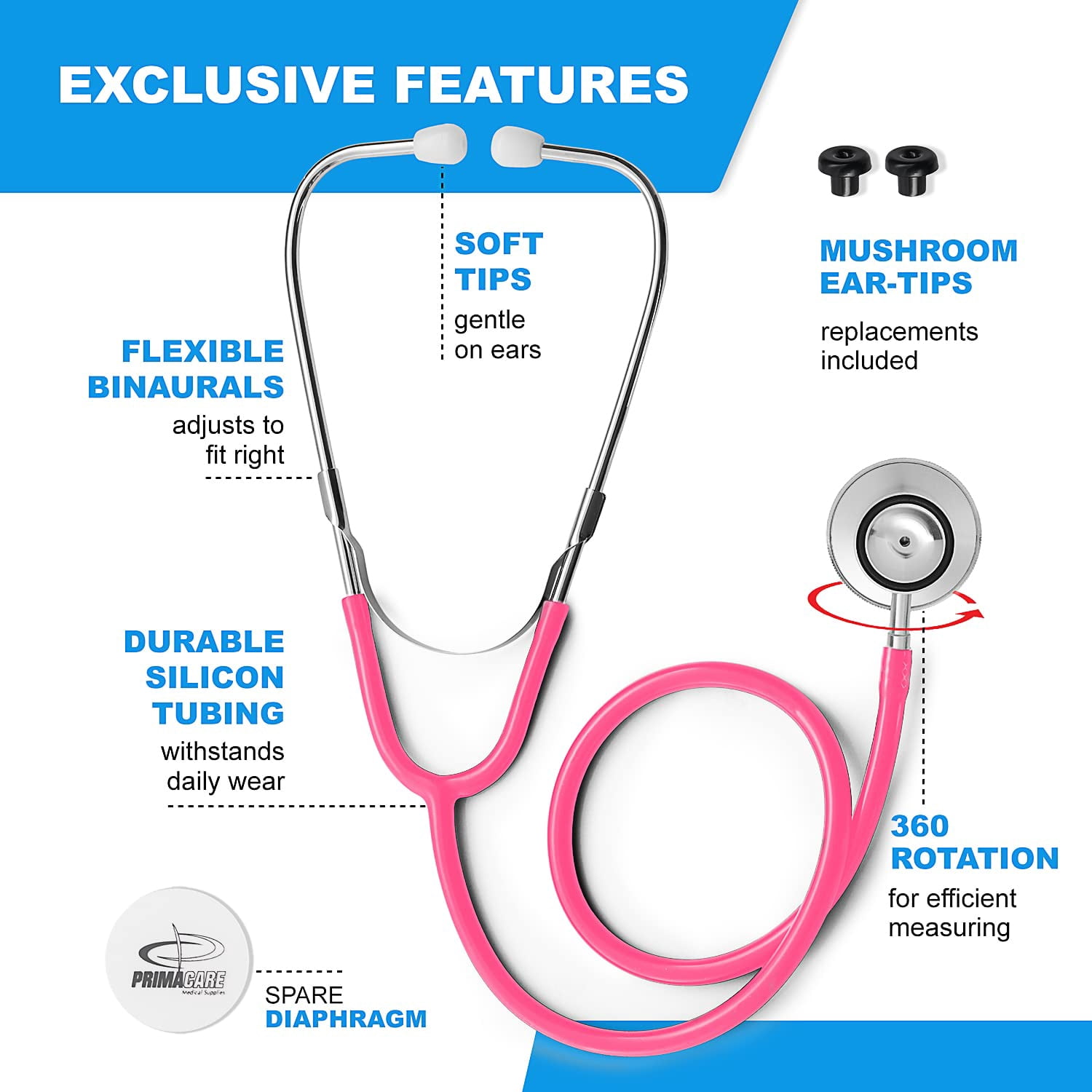 Primacare DS-9290-PK-3 Classic Series Adult Dual-Head Stethoscope, 22" Tubing Length, Pink, Pack of 3 Stethoscopes