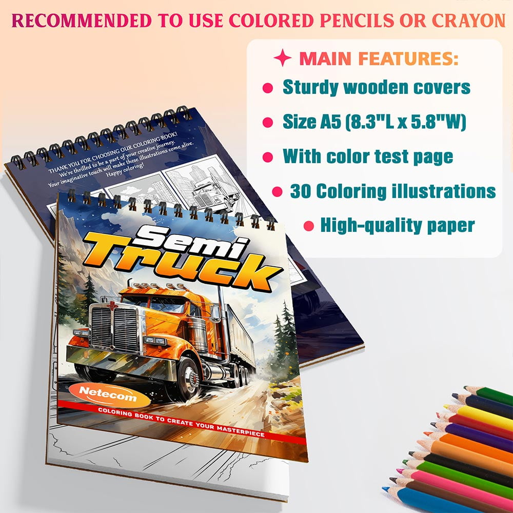 Semi Truck Coloring Book Spiral Bound For Adults, A5 Wooden Cover, 30 Stunning Coloring Pages of Heavy Duty Trucks for Stress Relief and Relaxation