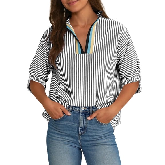 Htigea Womens Striped T-Shirts Summer V-Neck Half Sleeve Tops Casual Loose Fit Everyday Tees Black S