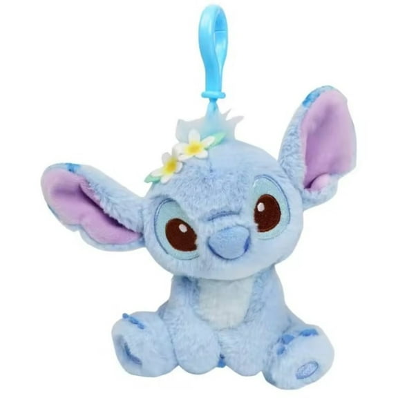 Mini Stitch Plush Keychain – Cute Blue Soft Toy with Flower & Clip Hook for Backpack, Purse, or Gift