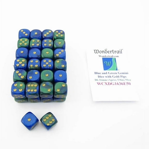 Blue and Green Gemini Dice With Gold Pips D6 16mm (5/8in) Bulk Pack Of 50 Wondertrail
